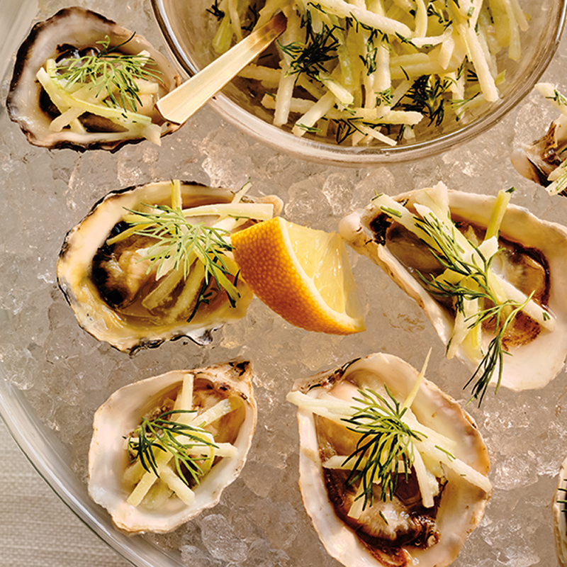 OYSTERS ON THE HALF SHELL WITH APPLE HORSERADISH DILL SLAW